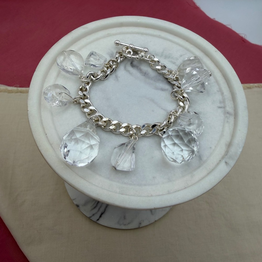 Silver Tone Chunky Curb Chain Charm Bracelet Clear Faceted Beads Toggle